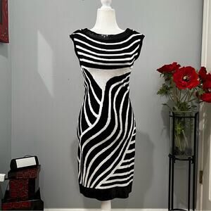 NEW INC Iridescence Variant Stripe Sequin Two Tone Fitted Knit Midi Dress S NWT